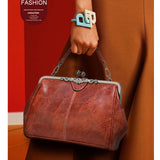 Retro Style Oil Leather Handbag Metal Frame Tote Shoulder Bags