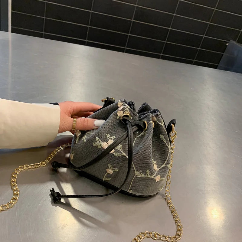 Embroidered Lace Crossbody Bucket Bag for Women