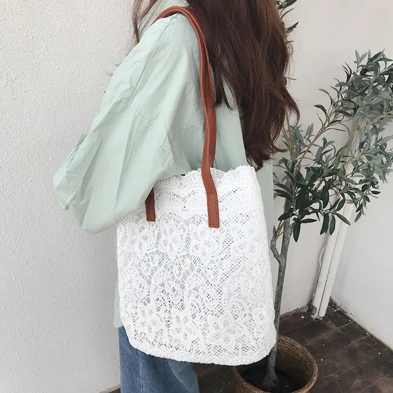 Embroidered Lace Tote Bag Shoulder Handbag Large Capacity Beach Bucket Bag