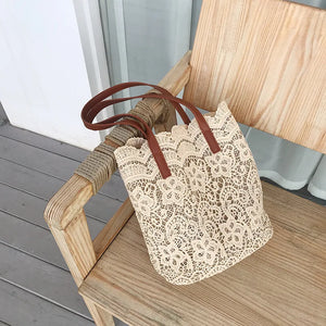 Embroidered Lace Tote Bag Shoulder Handbag Large Capacity Beach Bucket Bag