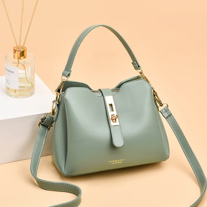 Spring Soft Leather Bucket Bag Lock Single Shoulder Messenger Bag