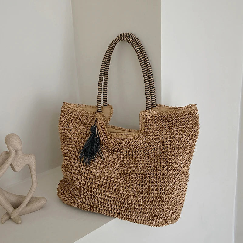 Women's Big Straw Tassel Side Bag - Summer Shoulder Handbag