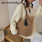 Women's Big Straw Tassel Side Bag - Summer Shoulder Handbag