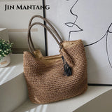 Women's Big Straw Tassel Side Bag - Summer Shoulder Handbag