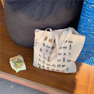 Canvas Shoulder Bag Retro Camera Print Shopping Bag School Eco Handbag