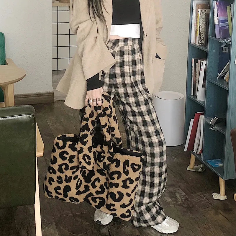 Casual Plush Handbag Tote Bag Large Capacity Leopard Print Shoulder Bags
