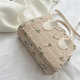 Daisy Woven Bag Straw Small Square Tote Handbag Leather Handle Crossbody