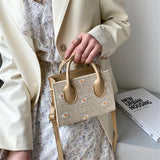Daisy Woven Bag Straw Small Square Tote Handbag Leather Handle Crossbody