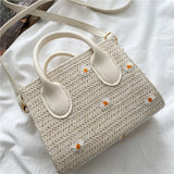 Daisy Woven Bag Straw Small Square Tote Handbag Leather Handle Crossbody