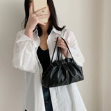 Pleated Hobos Single Shoulder Bag Soft PU Clip Purse Solid Handbag