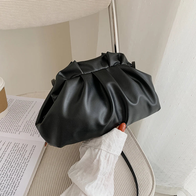 Pleated Hobos Single Shoulder Bag Soft PU Clip Purse Solid Handbag