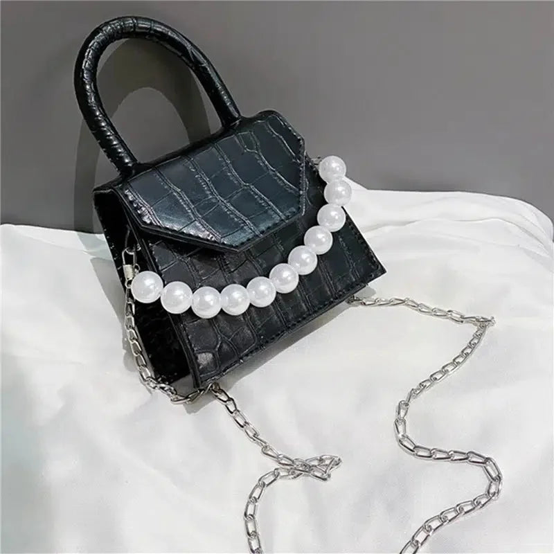 Women's Pearl Travel Bag Mini PU Leather Shoulder Bags Stone Pattern Crossbody