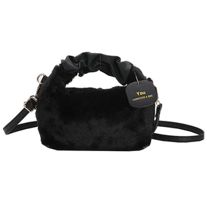 Ladies Small Plush Faux Fur Handbag Leather Handle Clutch Tote Purse