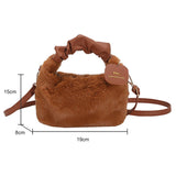 Ladies Small Plush Faux Fur Handbag Leather Handle Clutch Tote Purse