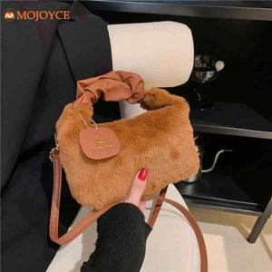 Ladies Small Plush Faux Fur Handbag Leather Handle Clutch Tote Purse