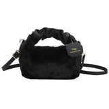 Ladies Small Plush Faux Fur Handbag Leather Handle Clutch Tote Purse