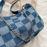 Denim Plaid Pattern Shoulder Bag Chain Handbag Women Girls Shopping