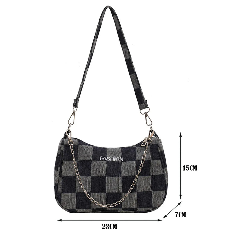 Denim Plaid Pattern Shoulder Bag Chain Handbag Women Girls Shopping