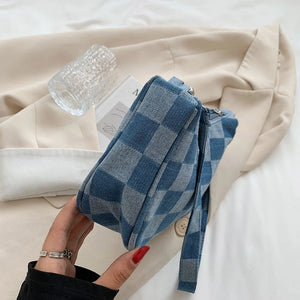 Denim Plaid Pattern Shoulder Bag Chain Handbag Women Girls Shopping
