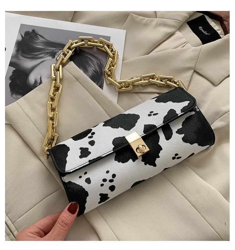 Cow Pattern Chain Shoulder Handbag Lock Shopping Travel Wallet Bag