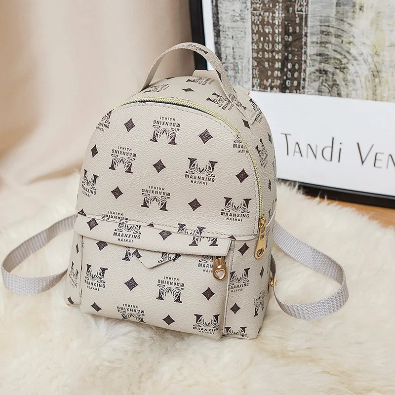 Printed Waterproof Zipper Leather Backpack Student Messenger School Bag