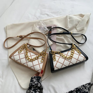 Rhombus Printed Chain Leather Shoulder Handbag Zipper Messenger Purse