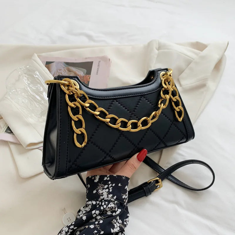 Rhombus Printed Chain Leather Shoulder Handbag Zipper Messenger Purse