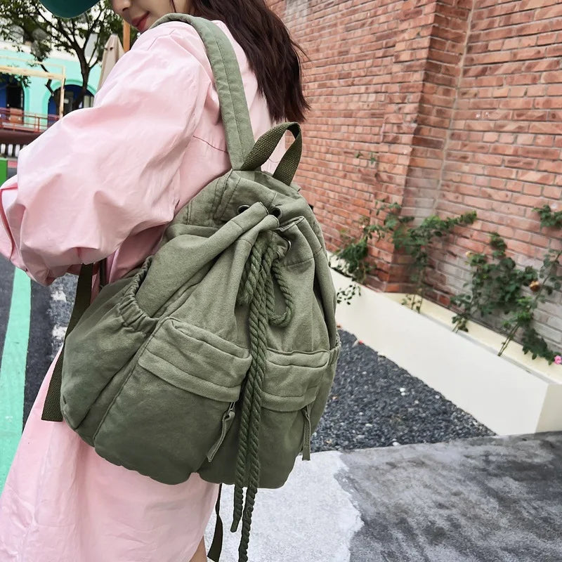 Vintage Canvas Drawstring Backpack Brown Laptop College Bag