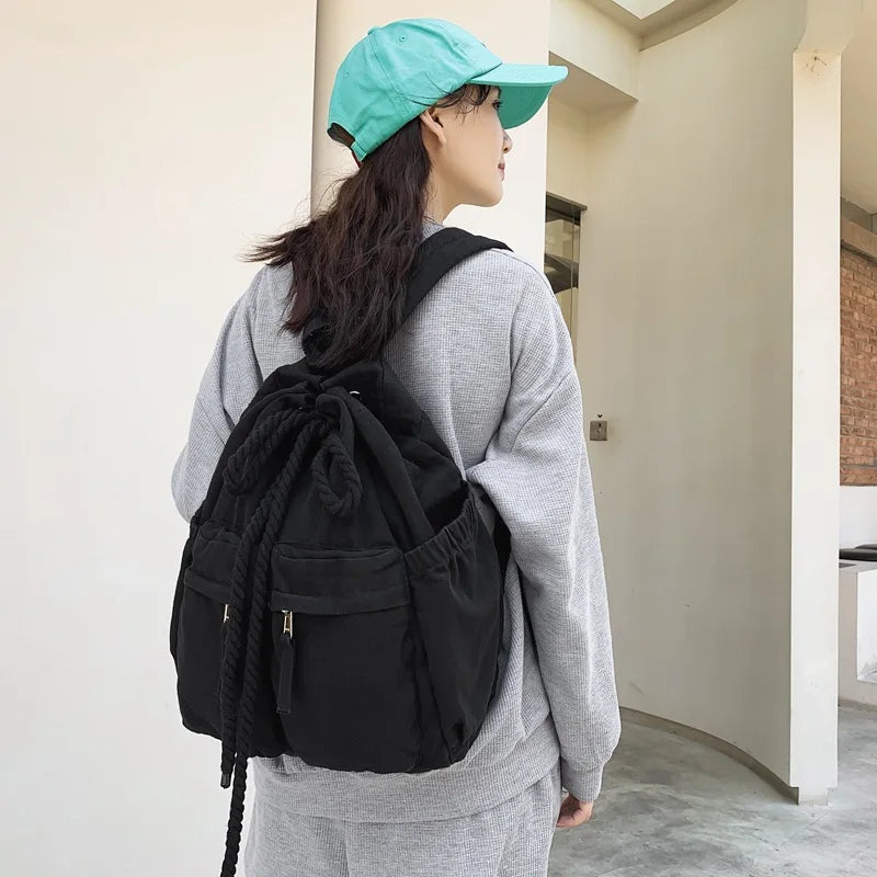 Vintage Canvas Drawstring Backpack Brown Laptop College Bag