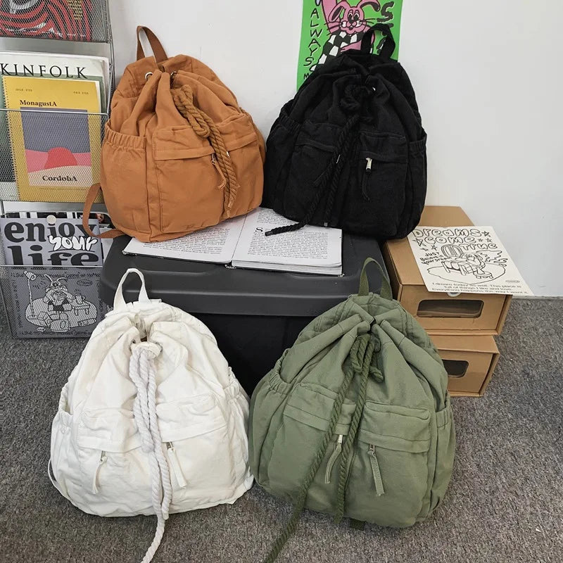 Vintage Canvas Drawstring Backpack Brown Laptop College Bag