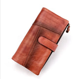 Vintage Wax Oil Skin Long Wallet Men Women Leather Notecase