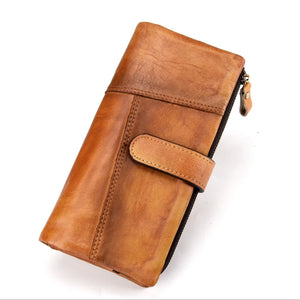 Vintage Wax Oil Skin Long Wallet Men Women Leather Notecase