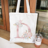 Floral Letters Canvas Tote Bag Eco Reusable Shoulder Shopper Bags