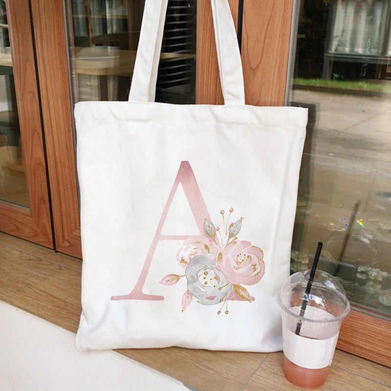 Floral Letters Canvas Tote Bag Eco Reusable Shoulder Shopper Bags