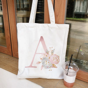 Floral Letters Canvas Tote Bag Eco Reusable Shoulder Shopper Bags