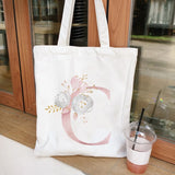 Floral Letters Canvas Tote Bag Eco Reusable Shoulder Shopper Bags