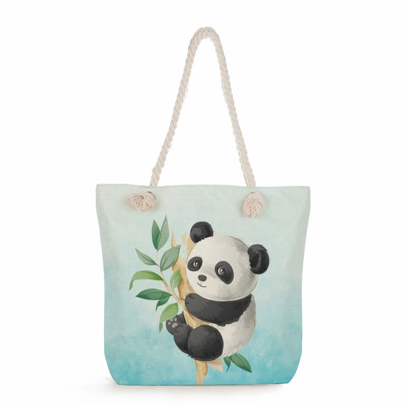 Ladies Linen Shopper Bag Panda Series Handbag Reusable Casual Women Shoulder Bag