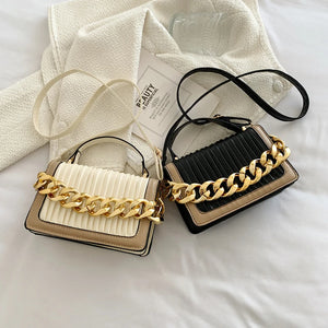 Women's Small PU Flap Handbag with Chain Crossbody, Pleated Shoulder Bag