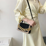 Women's Small PU Flap Handbag with Chain Crossbody, Pleated Shoulder Bag