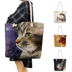 Big Capacity Ladies Shopper Bag Handbags Tote Cat Oil Paint Womens Bag
