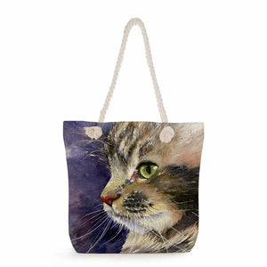 Cat Oil Paint Womens Bag Big Capacity Handbags Thick Rope Tote