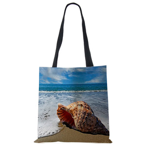 Ocean Starfish Beach Sand Prints Tote Bag Linen Fabric Handbag