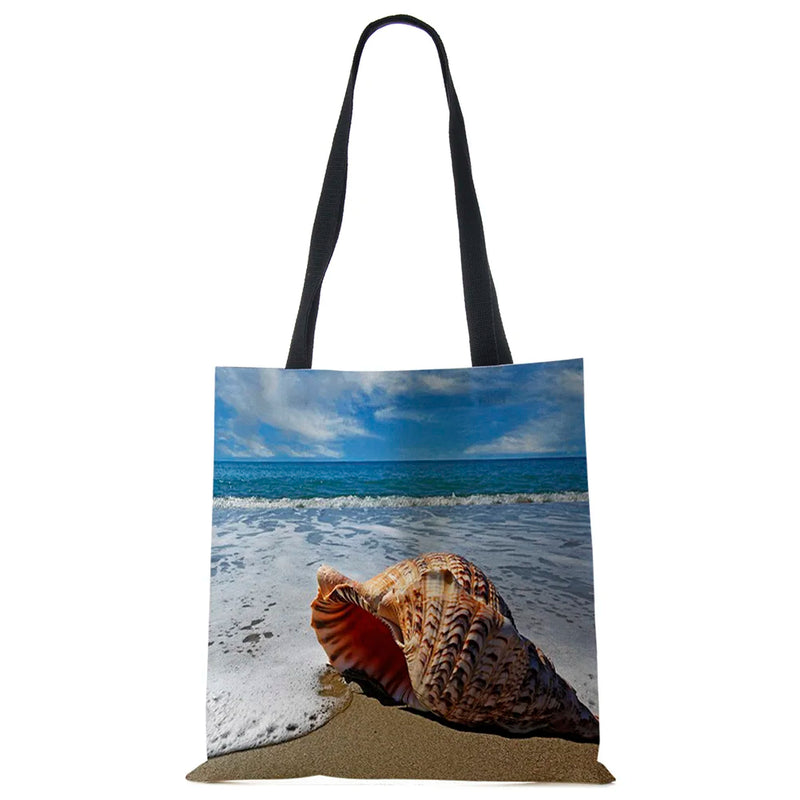Ocean Starfish Beach Sand Prints Tote Bag Linen Fabric Handbag
