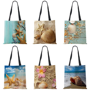 Ocean Starfish Beach Sand Prints Tote Bag Linen Fabric Handbag