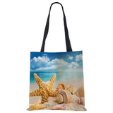 Ocean Starfish Beach Sand Prints Tote Bag Linen Fabric Handbag