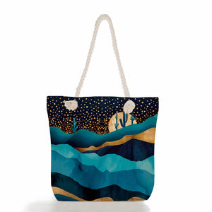 Linen Shopper Beach Shoulder Bag Oil Painting Mountain Print Tote