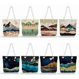 Linen Shopper Beach Shoulder Bag Oil Painting Mountain Print Tote