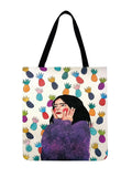 Gril Printed Tote Bag Shoulder Bag Painting Art Linen Fabric Reusable Shopping B