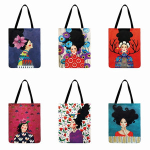 Gril Printed Tote Bag Shoulder Bag Painting Art Linen Fabric Reusable Shopping B