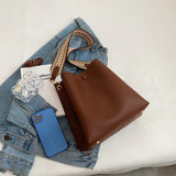 Large Casual Bucket Leather Shoulder Bag Wide Straps Messenger Bag